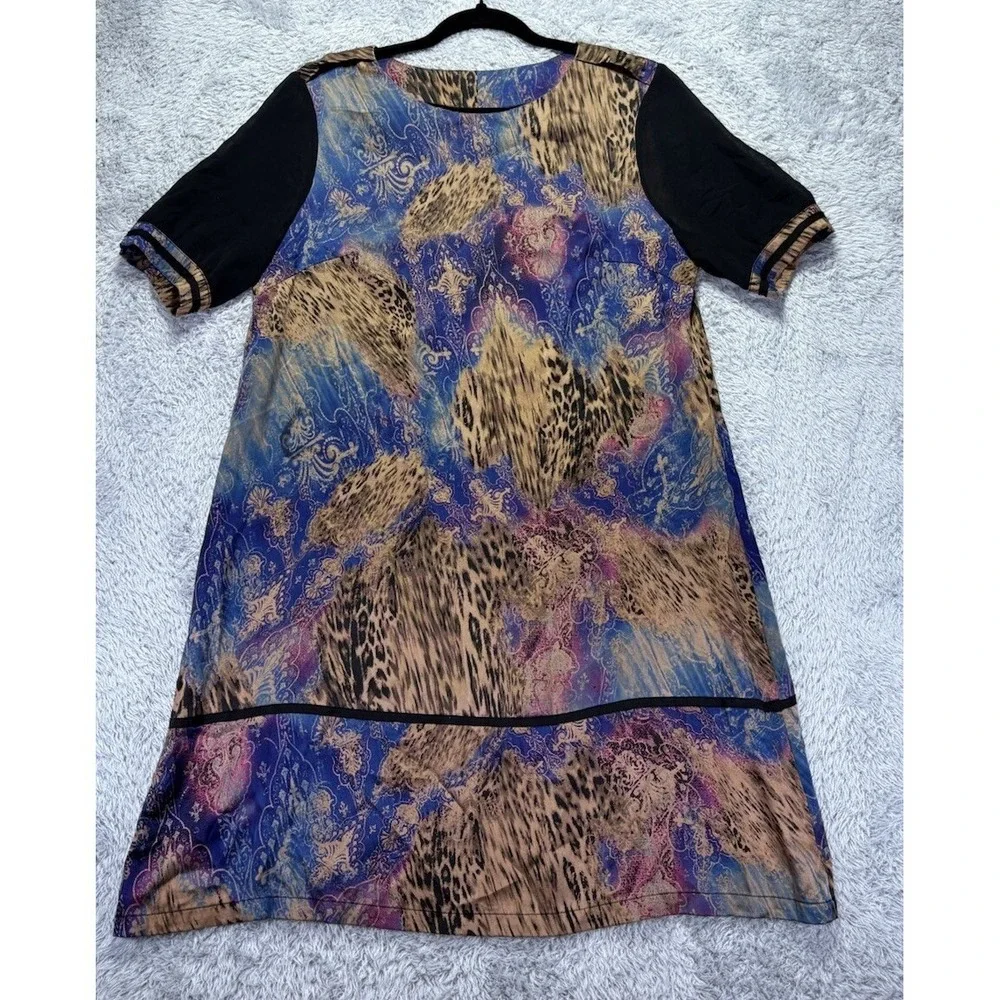 Luxury Leopard Print Silk Blend Shift Dress Womens XL Blue Gold Short Sleeve